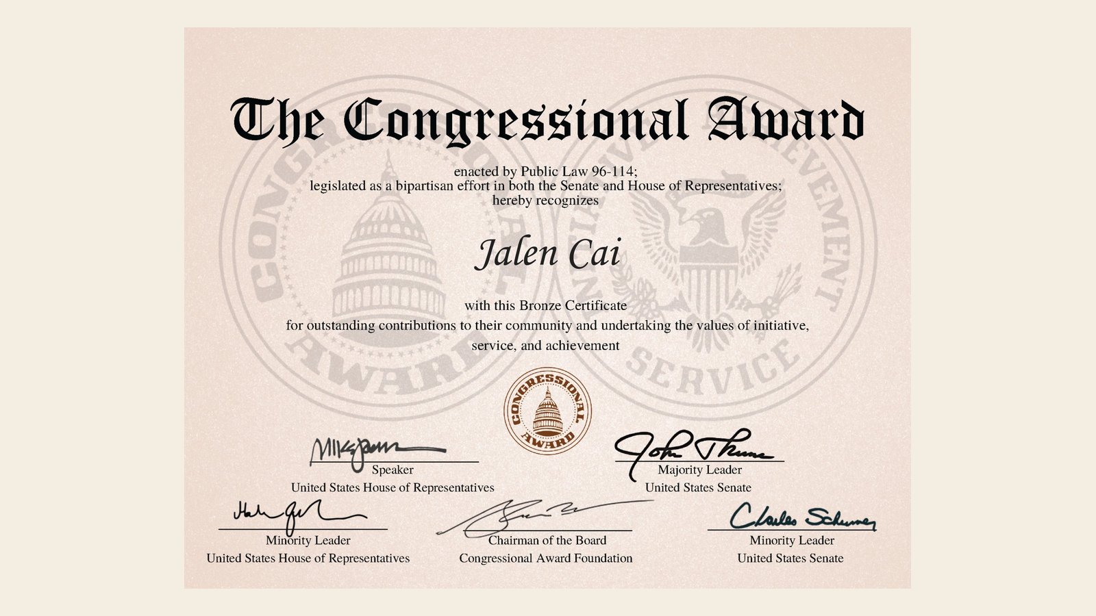 The Congressional Award Bronze Certificate for Jalen Cai