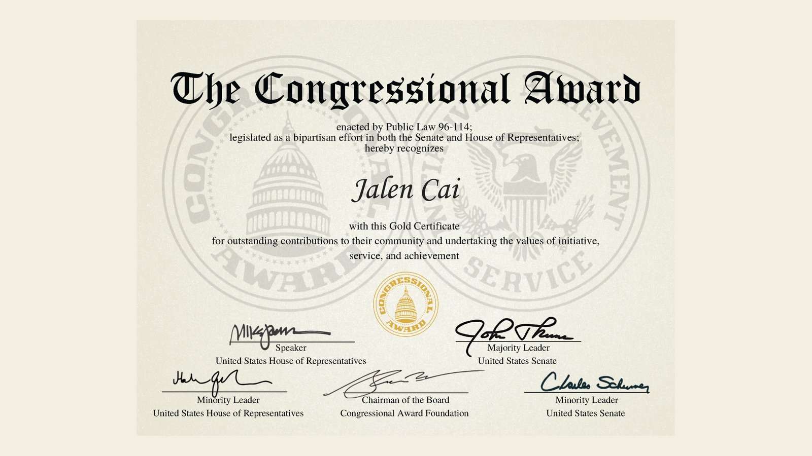 The Congressional Award Gold Certificate recognising Jalen Cai for outstanding contributions to their community and undertaking the values of initiative, service and achievement