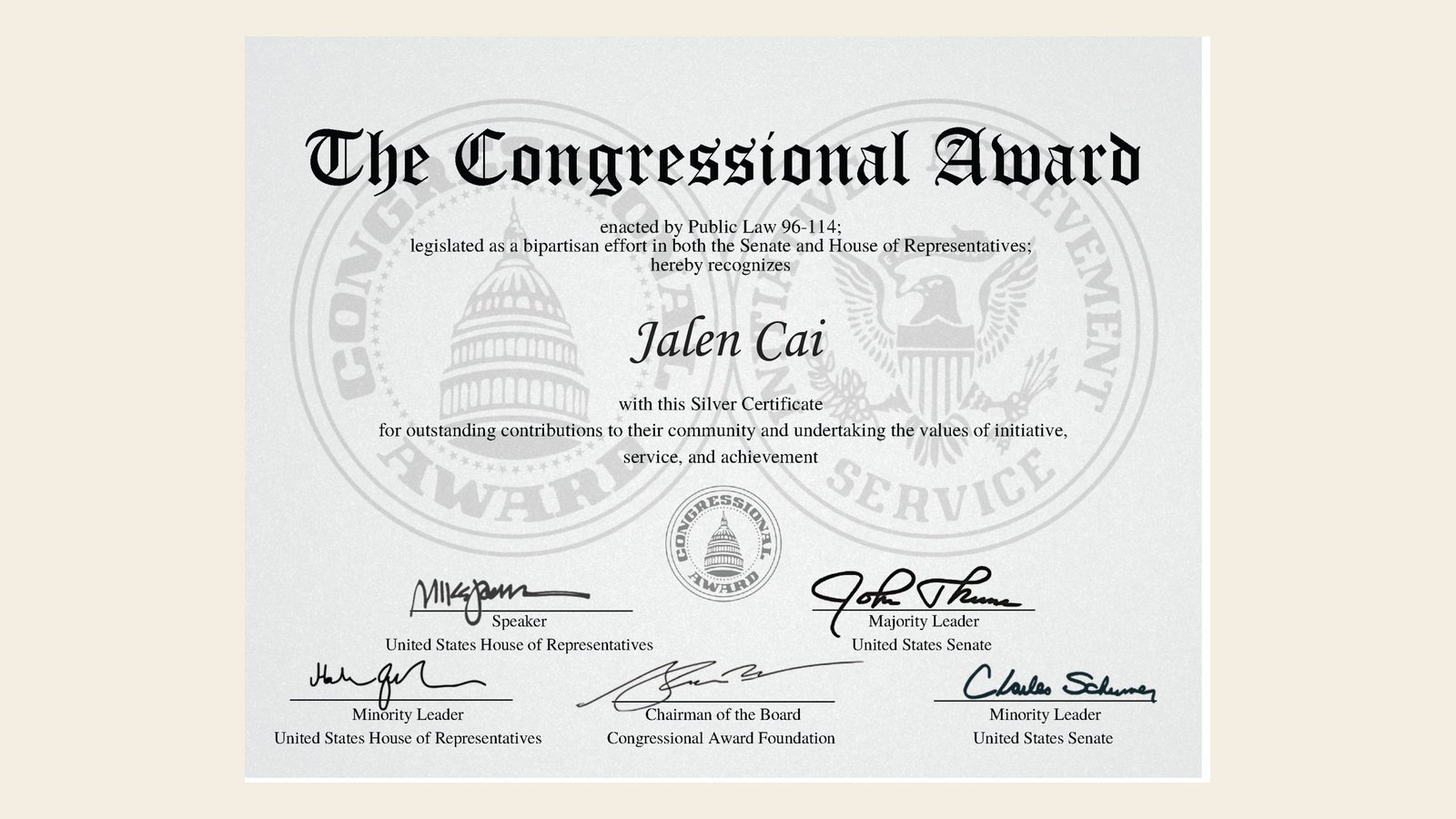 The Congressional Award Silver Certificate for Jalen Cai