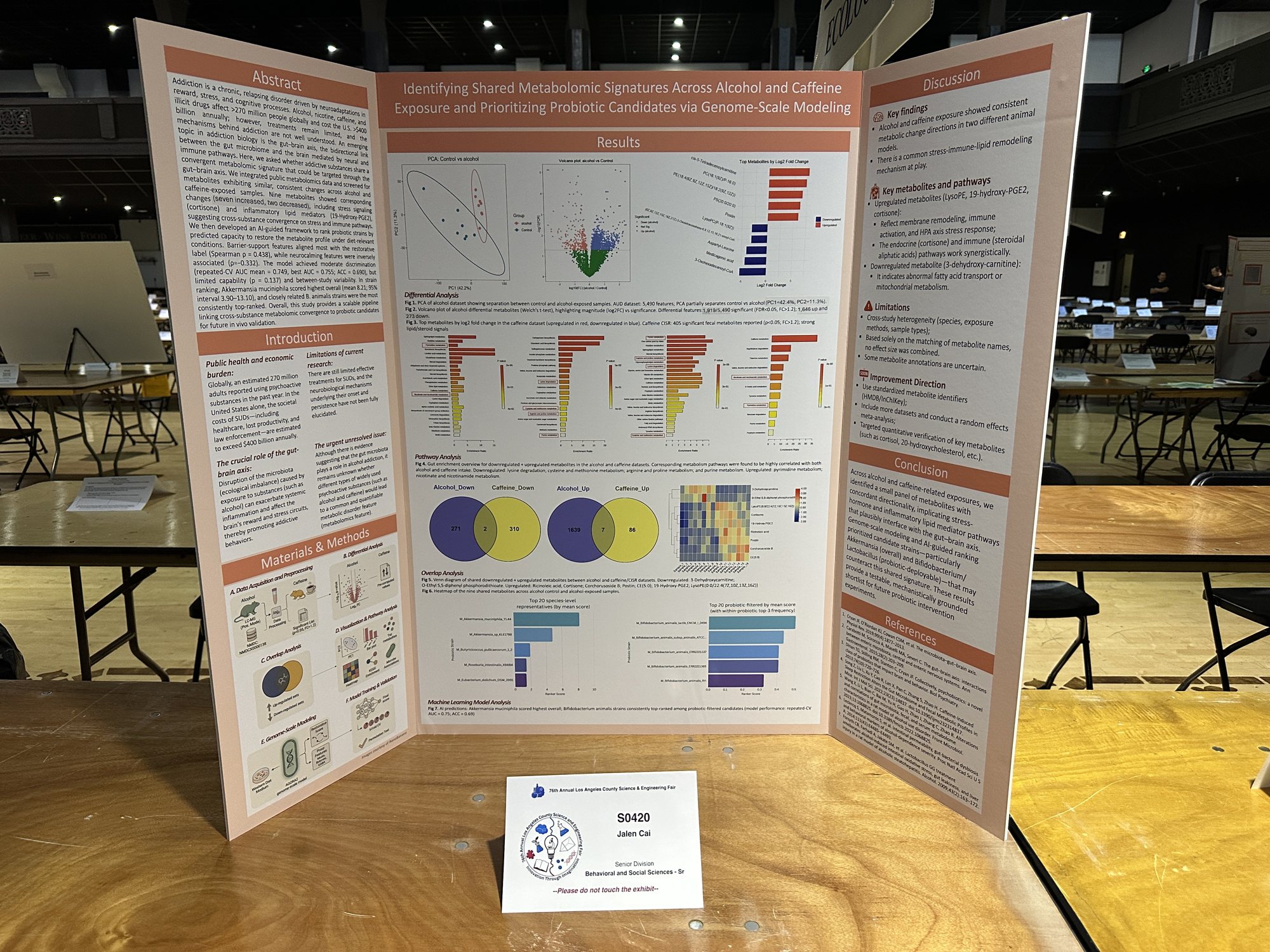 The tri-fold poster standing on a table in the fair hall, with the S0420 exhibitor card propped in front of it