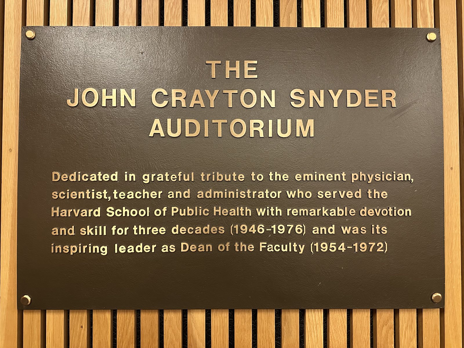 A bronze plaque for the John Crayton Snyder Auditorium at the Harvard School of Public Health