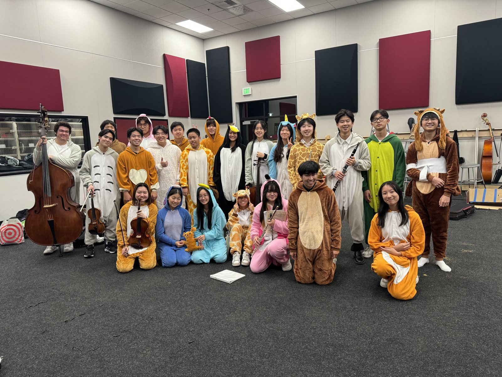 The ensemble posing in animal onesies in a rehearsal room, a double bass at one end