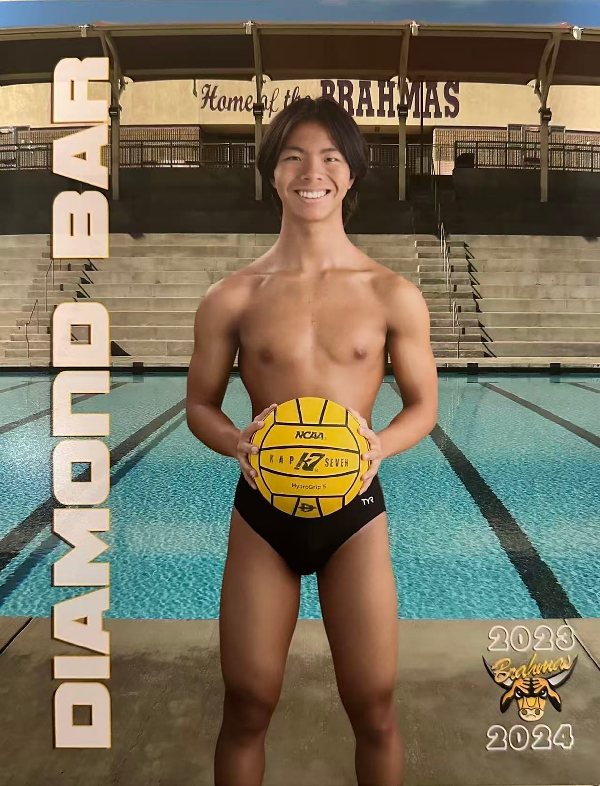 A Diamond Bar High School water polo portrait: Jalen at the pool edge holding a yellow ball, Home of the Brahmas on the stands behind him, 2023–2024 in the corner