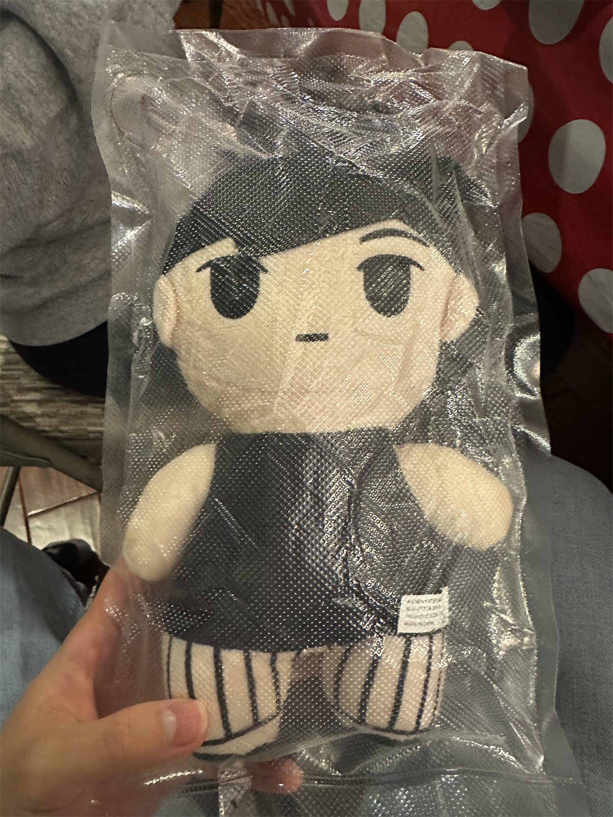 An Omori plush toy, still sealed in its plastic bag, held up to the camera